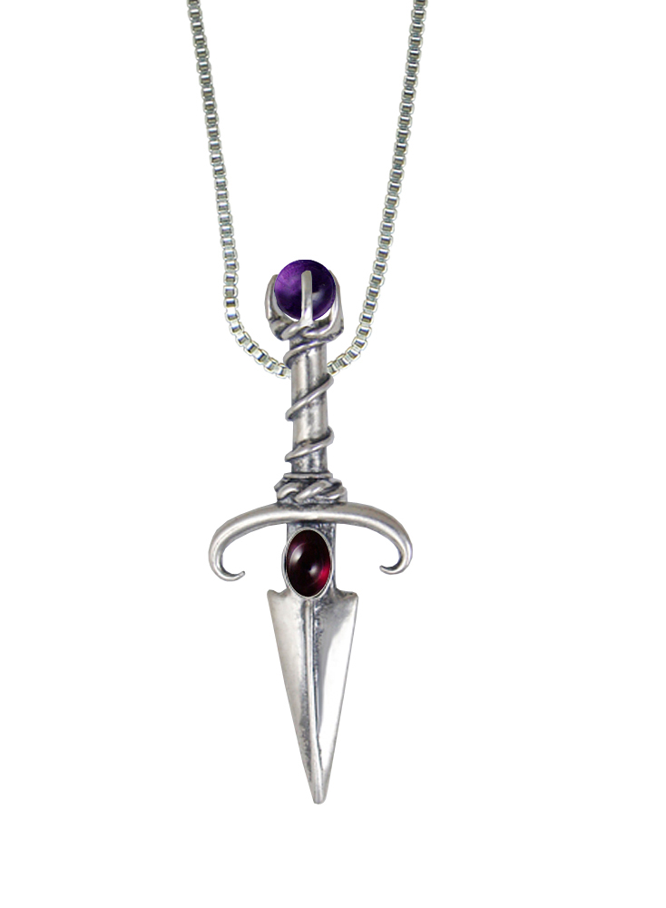 Sterling Silver Black Prince's Knife Dagger Pendant With Garnet And Amethyst